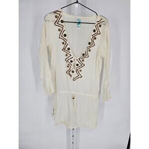 Ocean Club Womens Sz M Swimsuit Cover Up Cream Brown Embroidered Deep V